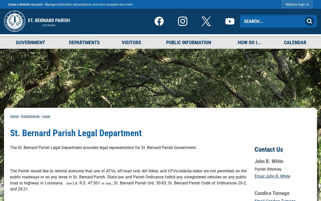 St. Bernard Parish legal department page with public records fee schedule links for warrant record requests