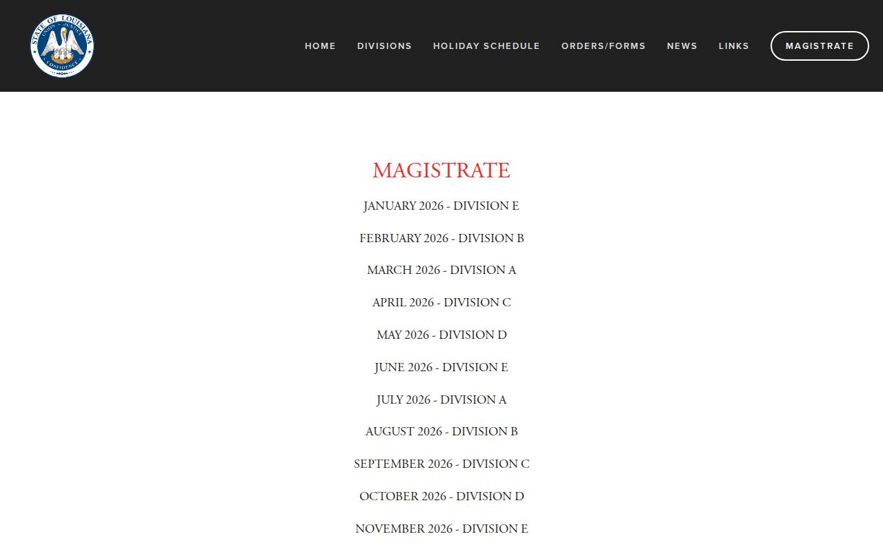 Thirty-Fourth Judicial District Court monthly duty judge and magistrate schedule for St. Bernard Parish warrant cases
