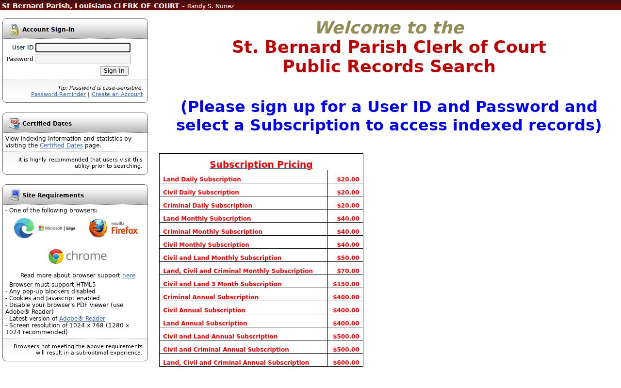 St. Bernard Parish Clerk eSearch login page showing subscription categories for warrant search research