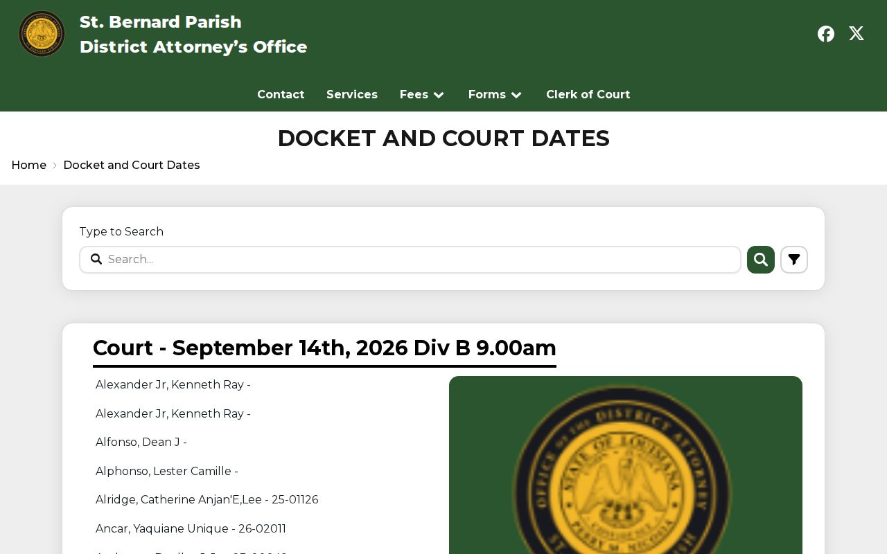 St. Bernard Parish District Attorney docket search interface used for warrant record research