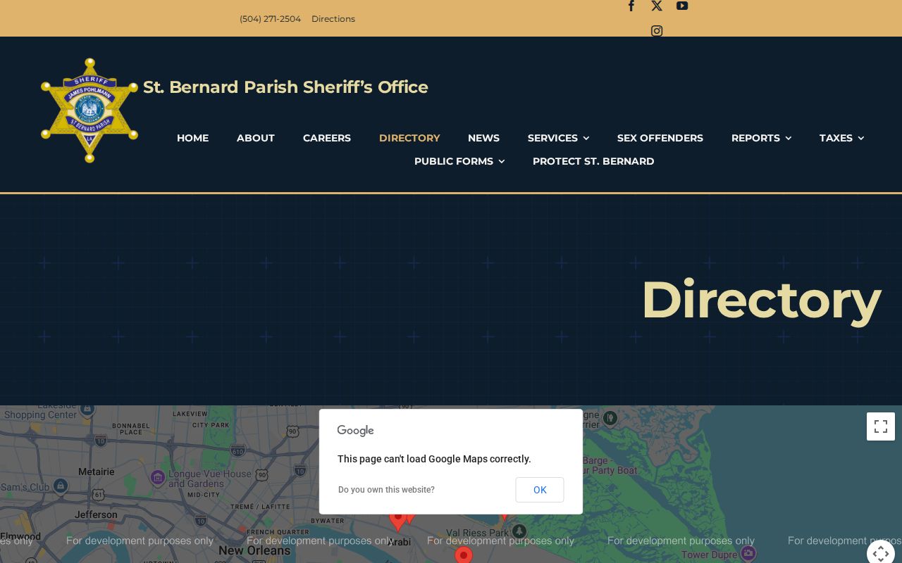 St. Bernard Parish Sheriff department directory listing records, traffic, investigations, and corrections contacts for warrant routing