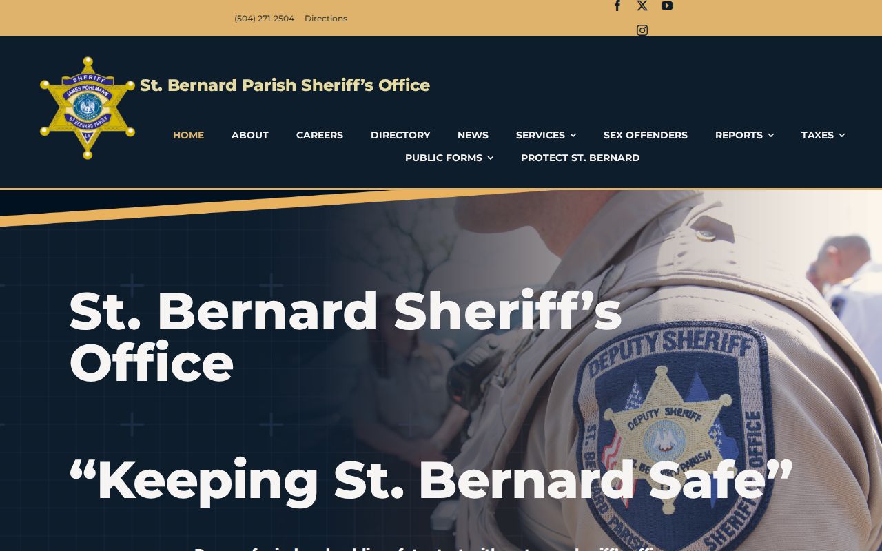 St. Bernard Parish Sheriff's Office home page showing department services and no warrant search form