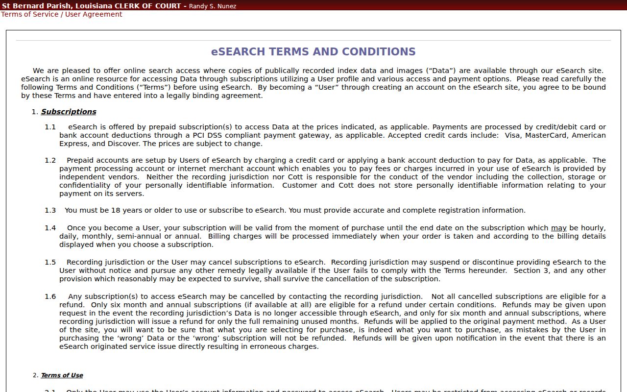 St. Bernard Parish Clerk eSearch terms page showing completeness limits for warrant record searches