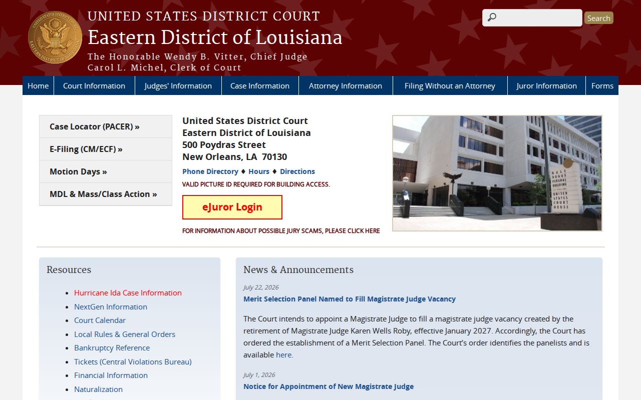 Eastern District of Louisiana courthouse page with federal court and docket links for St. Bernard Parish warrant research