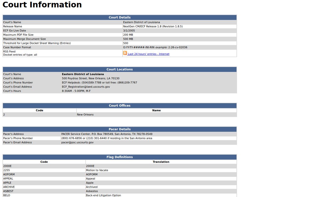 Federal electronic case filing system case number and helpdesk page for St. Bernard Parish warrant research