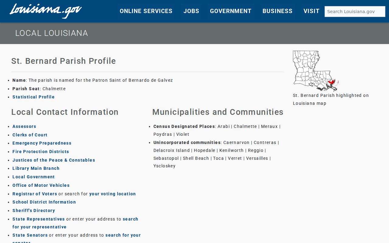 Official Louisiana parish profile showing Chalmette as the St. Bernard Parish seat for warrant record research