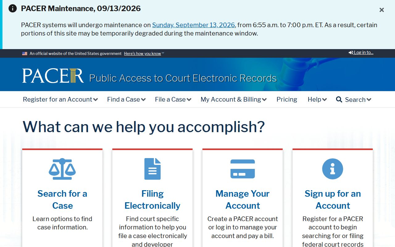 PACER account and case locator interface used for St. Bernard Parish federal warrant docket research