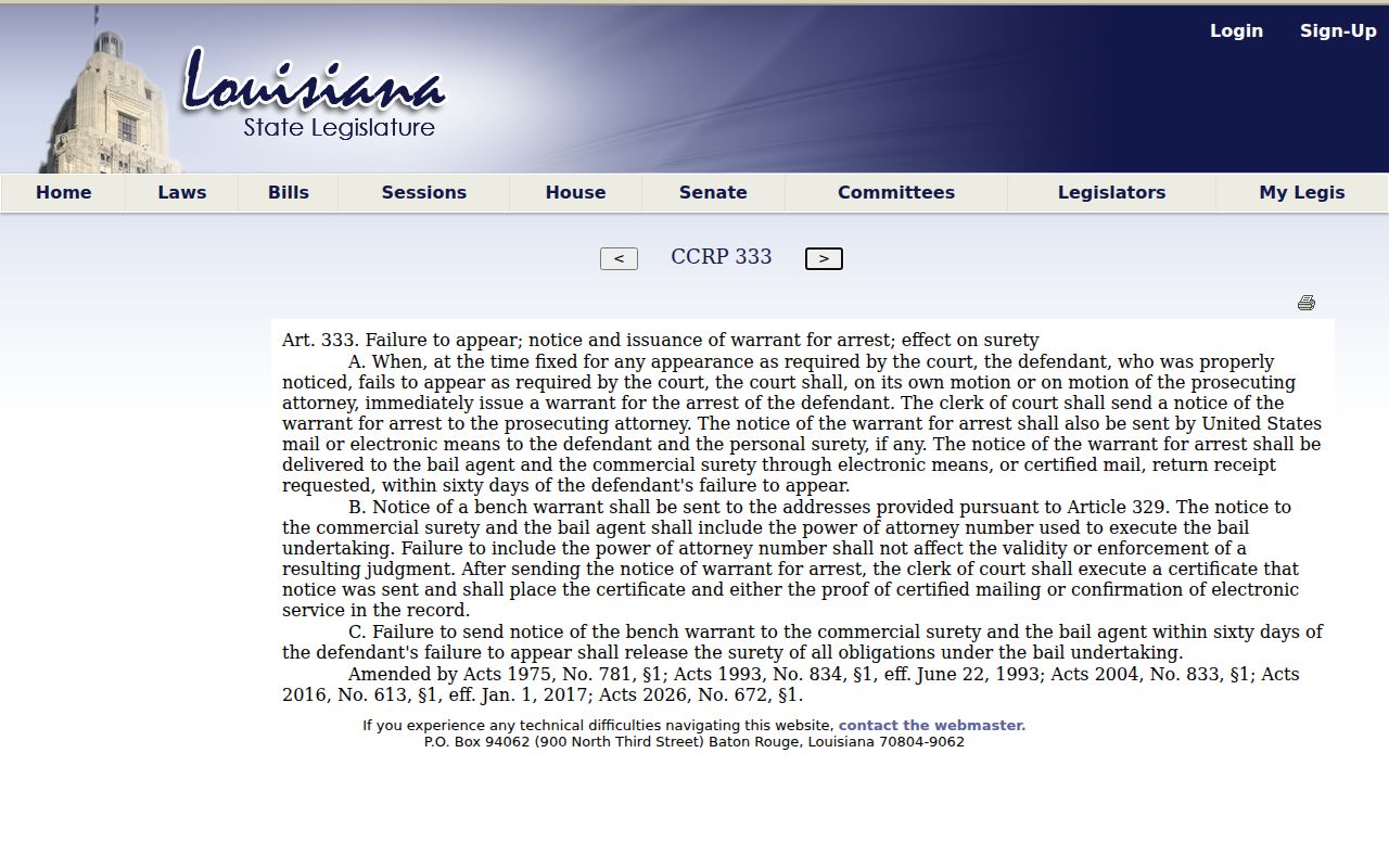 Louisiana Code of Criminal Procedure Article 333 on failure to appear and St. Bernard Parish bench warrants