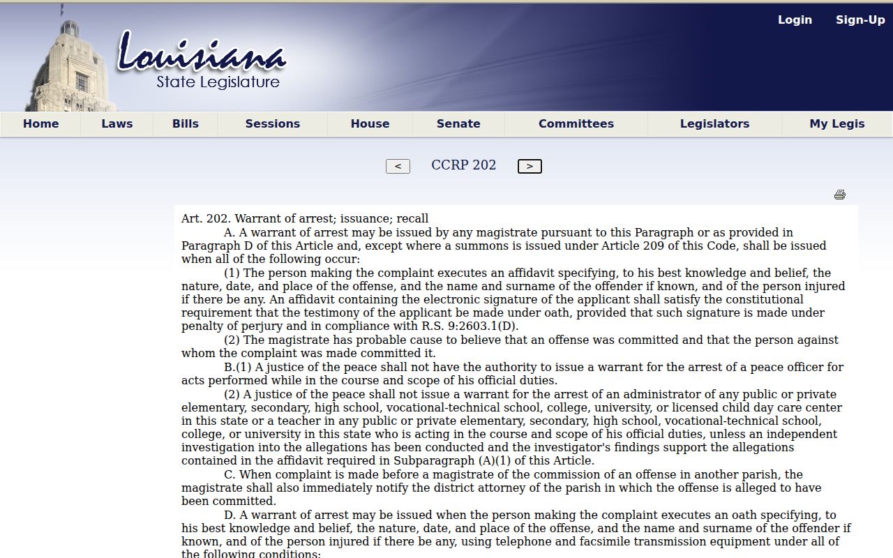 Louisiana Code of Criminal Procedure Article 202 on St. Bernard Parish arrest warrant issuance and recall