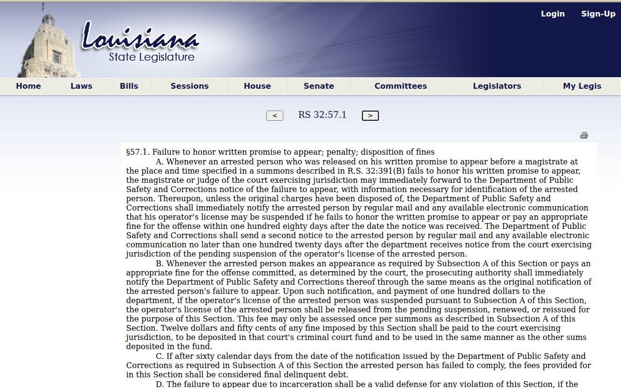 Louisiana R.S. 32:57.1 text on failing to honor a written promise to appear in St. Bernard Parish traffic warrants