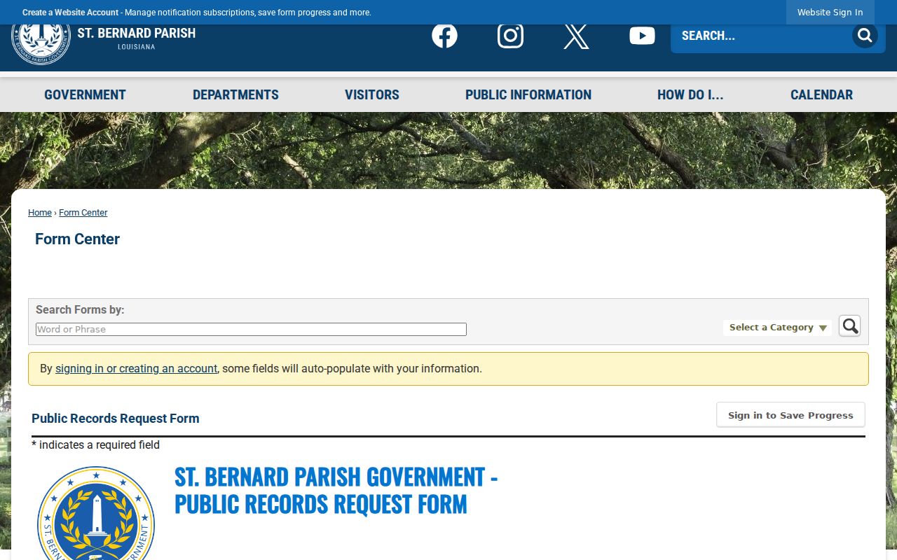 Blank St. Bernard Parish public records request form used for warrant record routing