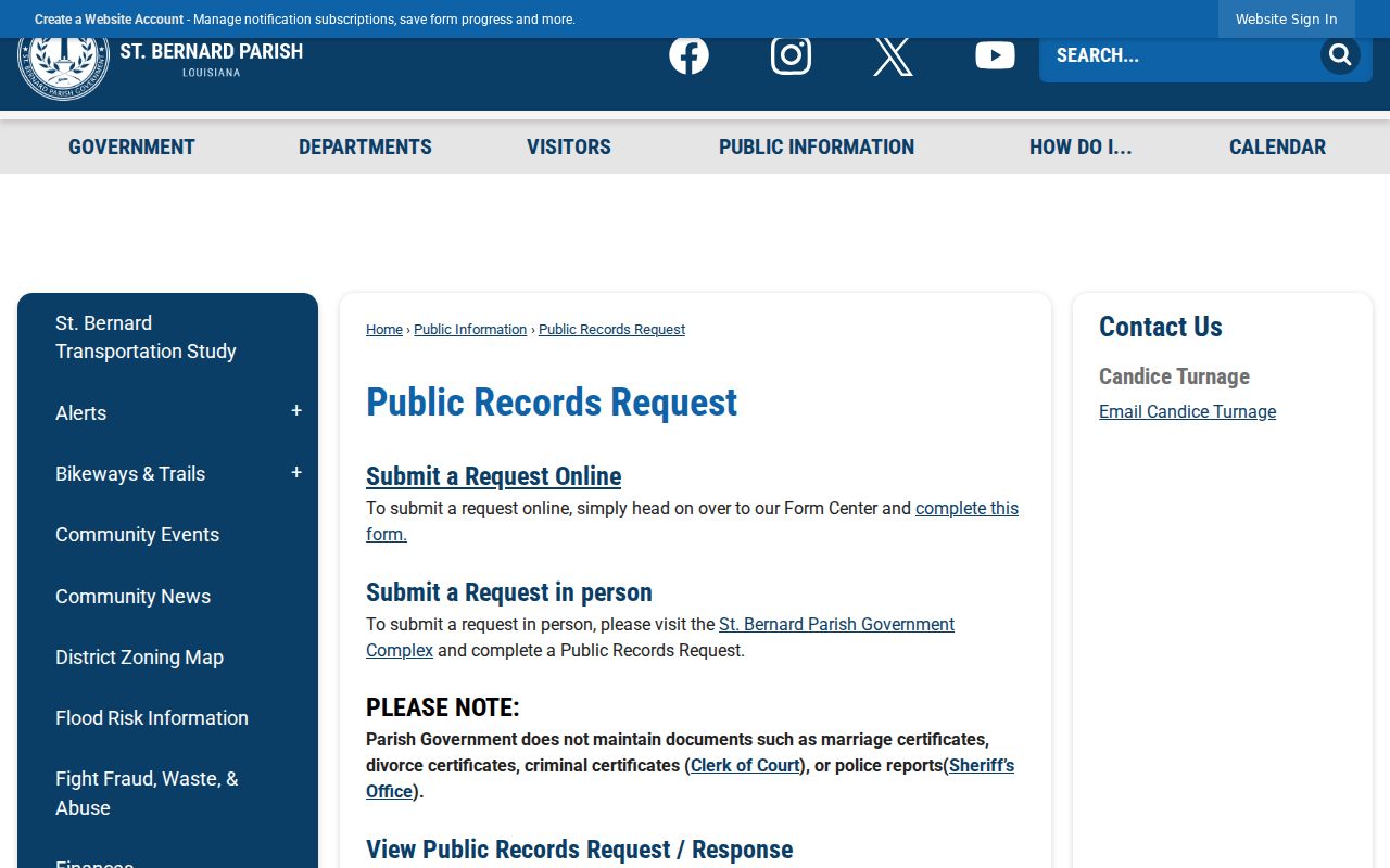 St. Bernard Parish public records request page listing exclusions for municipal warrant record routing
